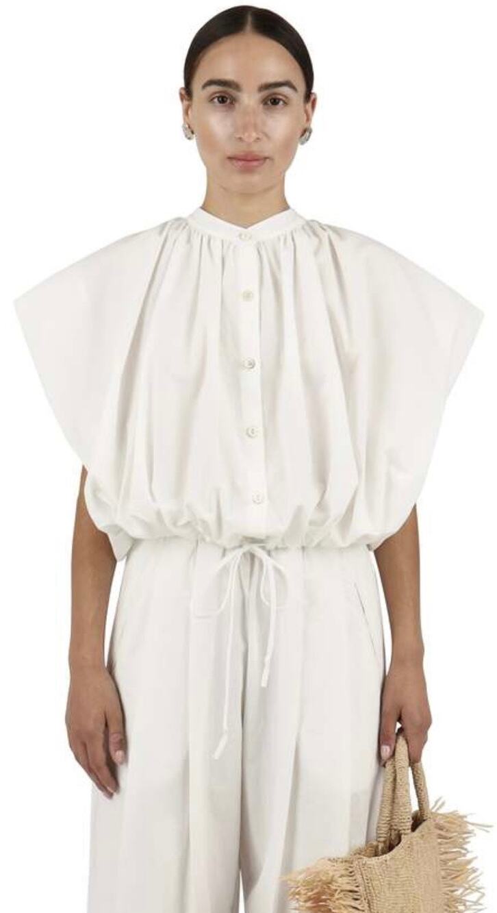 $310 NEW Modern Weaving White Pleated Drawstring Top Quiet Luxury- Size Large